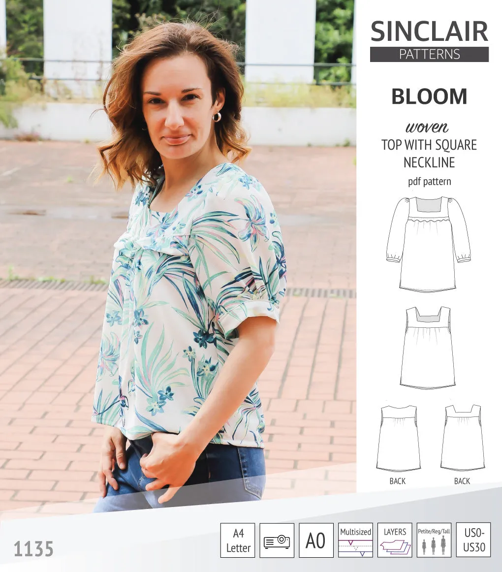 Bloom square neckline woven top with a split hem (PDF)