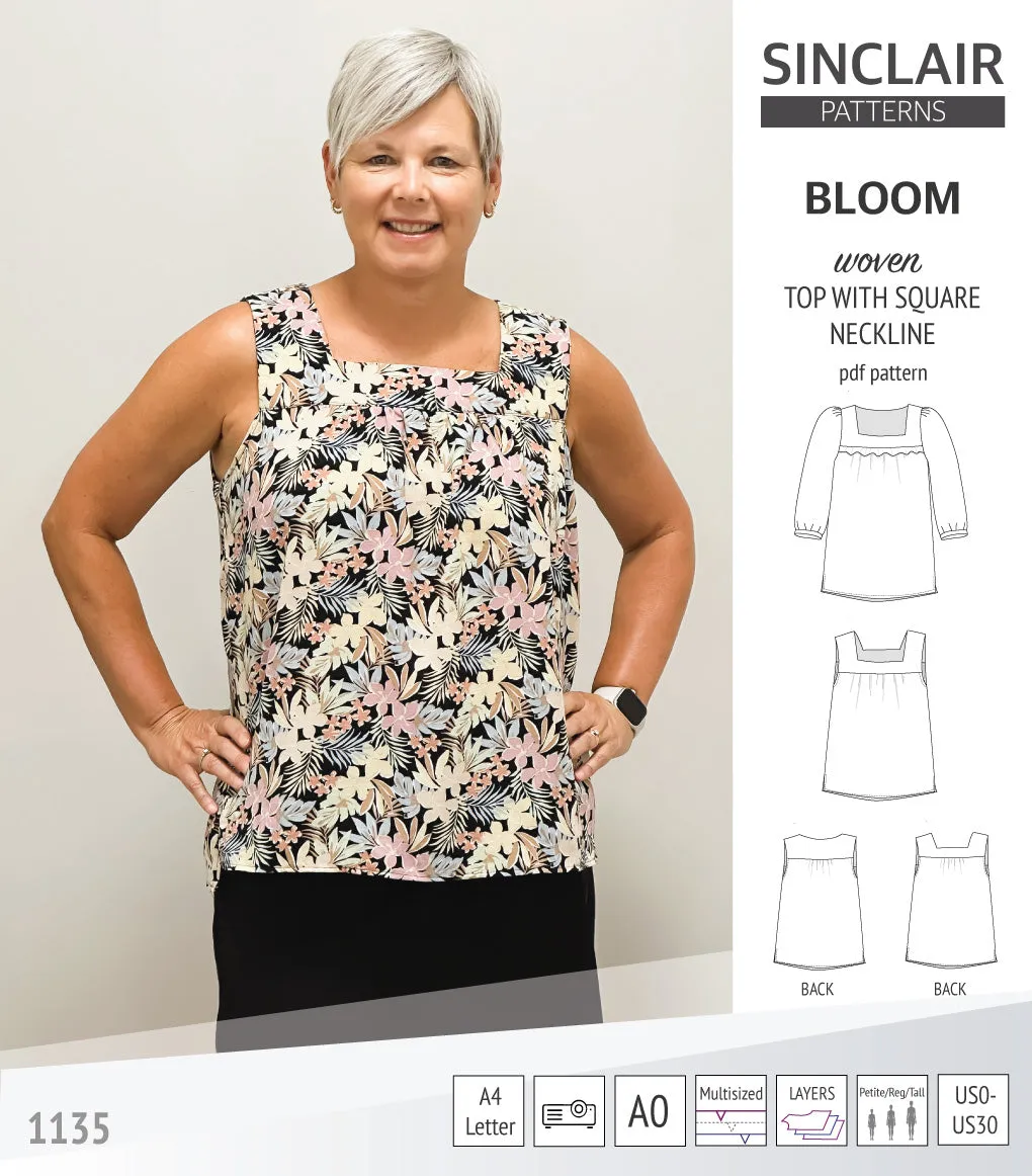 Bloom square neckline woven top with a split hem (PDF)