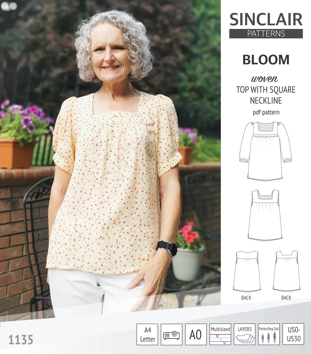 Bloom square neckline woven top with a split hem (PDF)