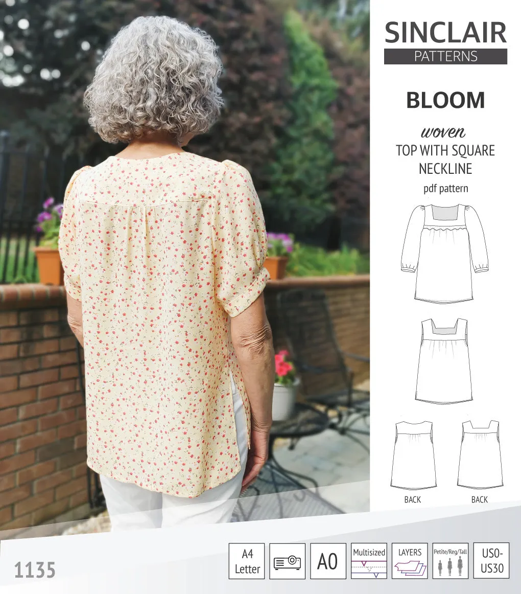 Bloom square neckline woven top with a split hem (PDF)