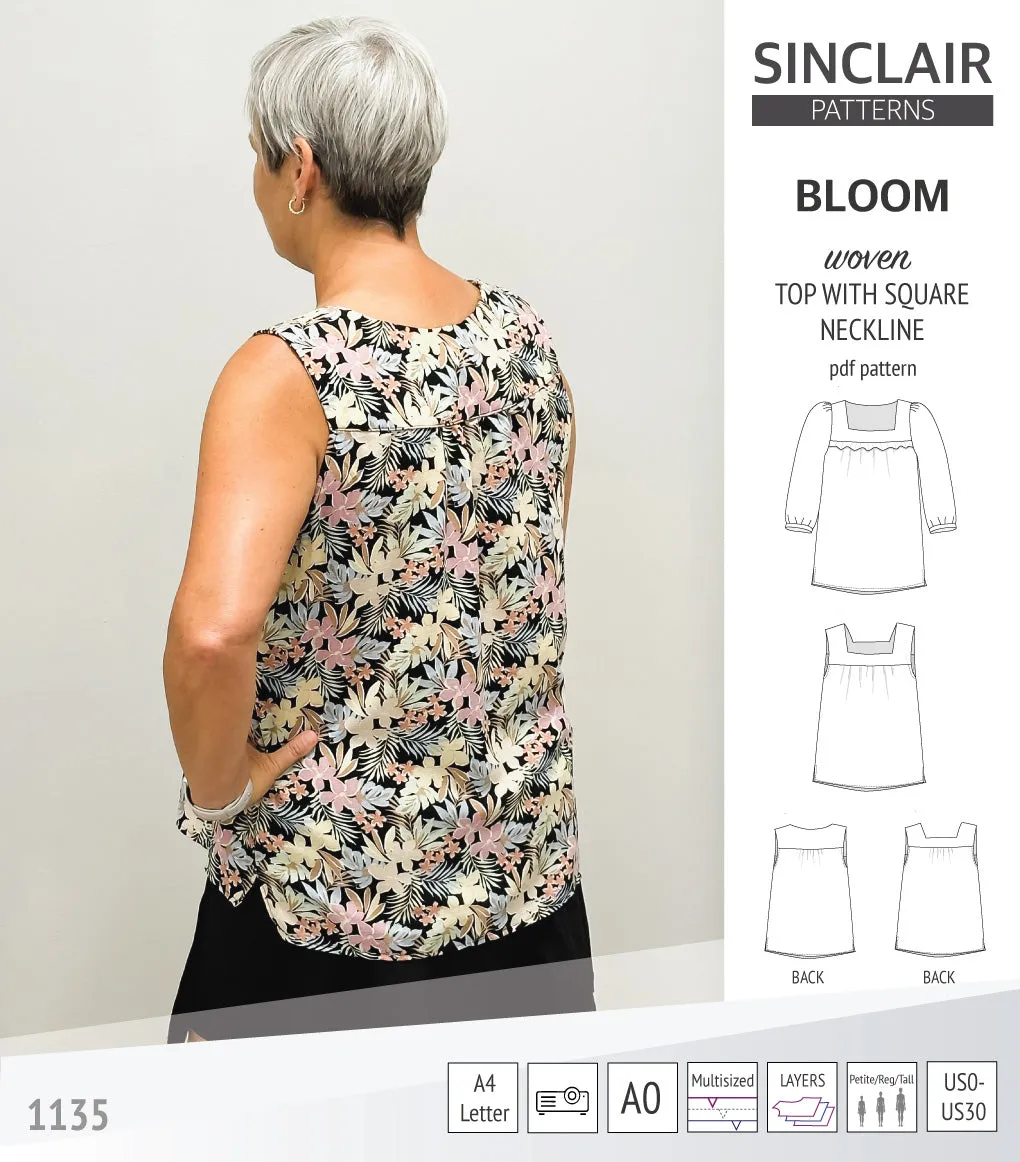 Bloom square neckline woven top with a split hem (PDF)