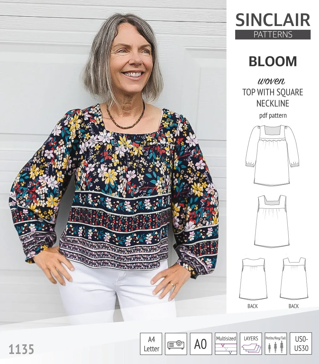 Bloom square neckline woven top with a split hem (PDF)