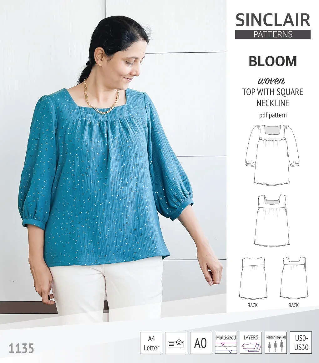 Bloom square neckline woven top with a split hem (PDF)