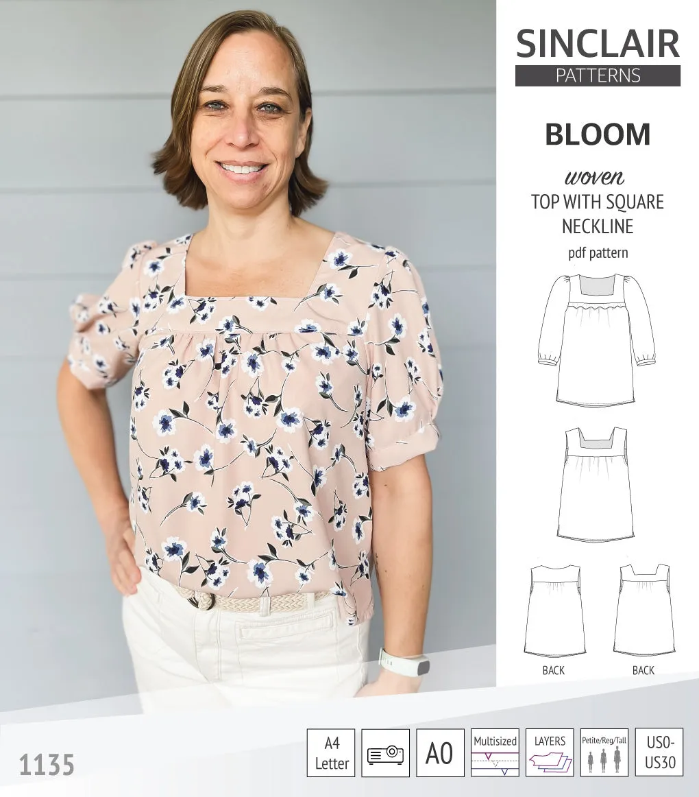 Bloom square neckline woven top with a split hem (PDF)