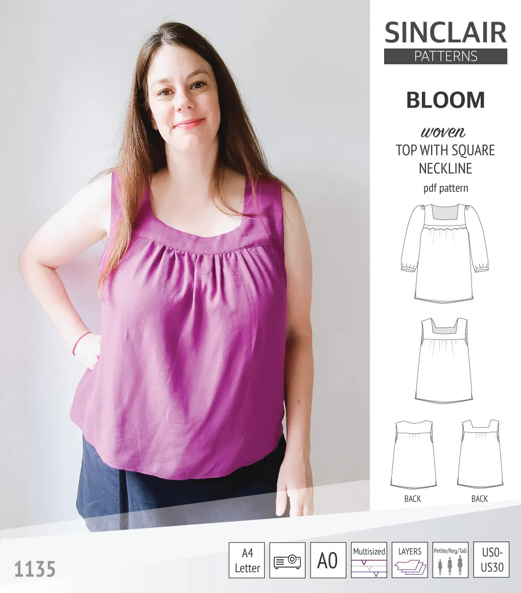 Bloom square neckline woven top with a split hem (PDF)
