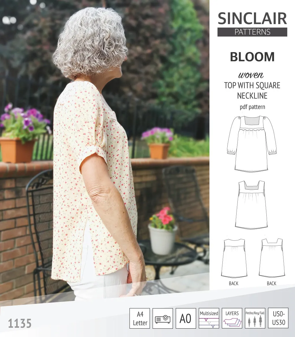 Bloom square neckline woven top with a split hem (PDF)