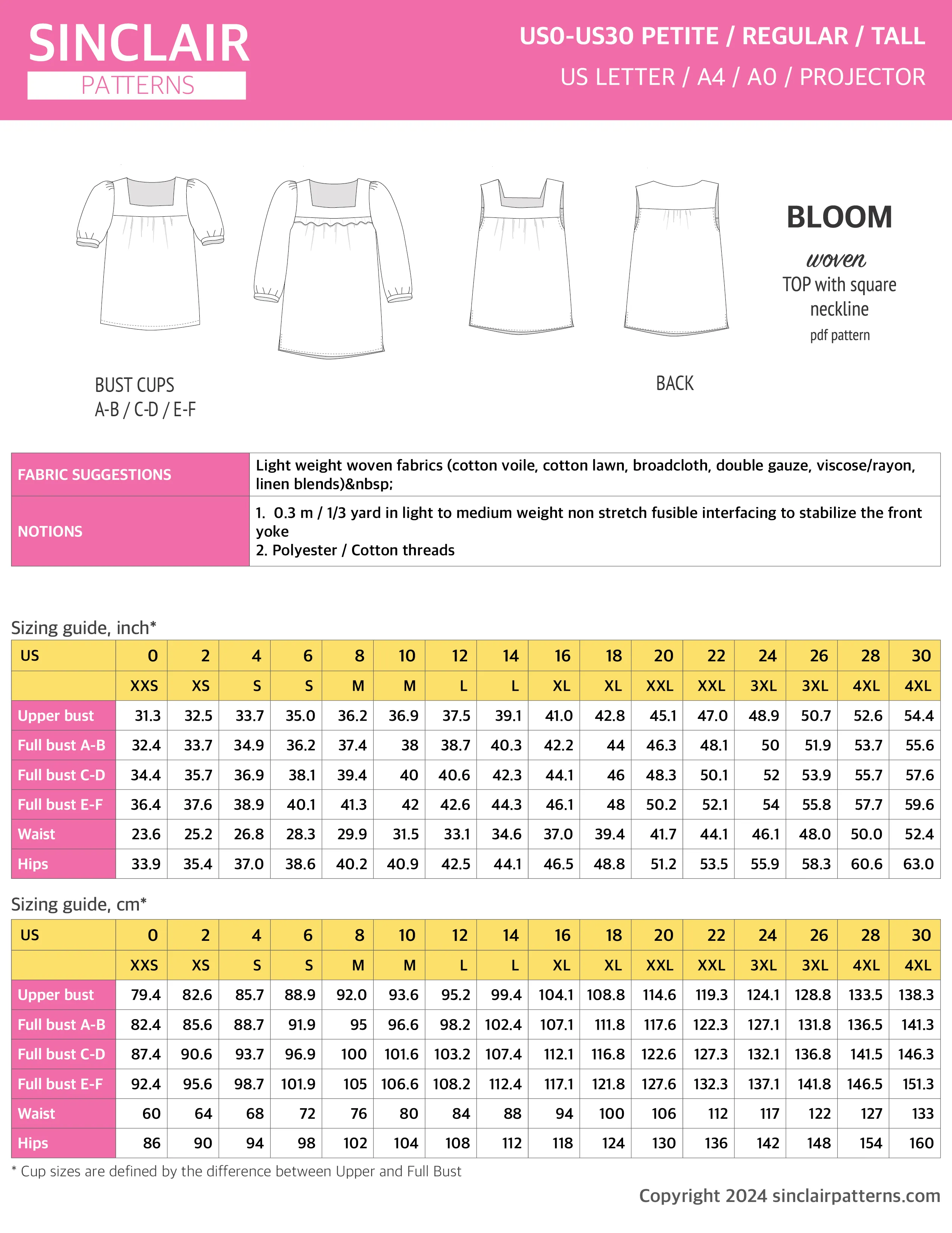 Bloom square neckline woven top with a split hem (PDF)