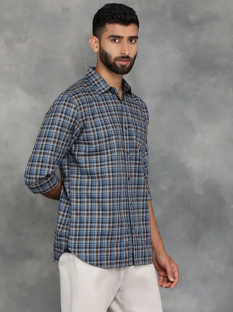 Blue Checked Slim Fit Casual Shirt | JadeBlue