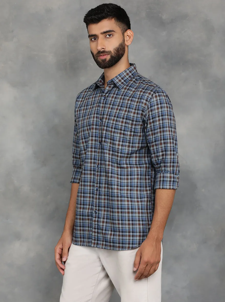 Blue Checked Slim Fit Casual Shirt | JadeBlue