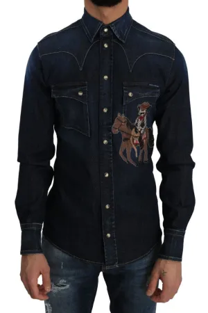 Blue Denim GOLD Slim Fit Horse Cowboy Shirt