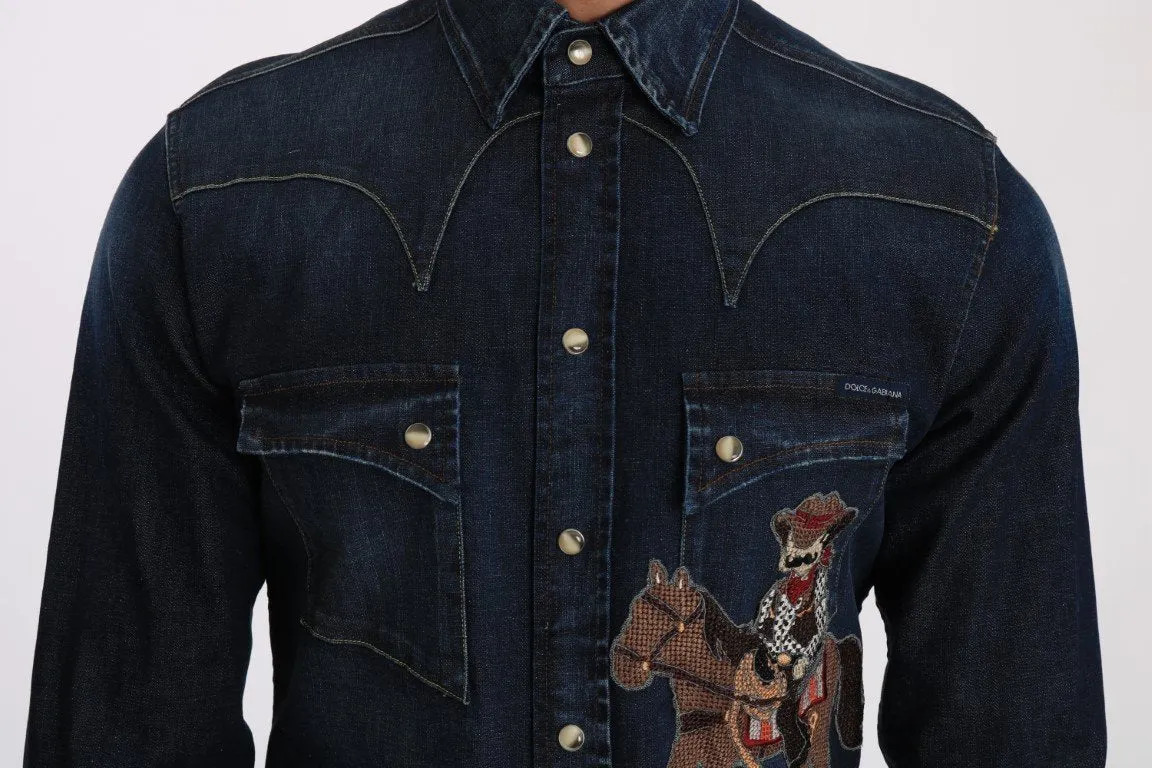 Blue Denim GOLD Slim Fit Horse Cowboy Shirt