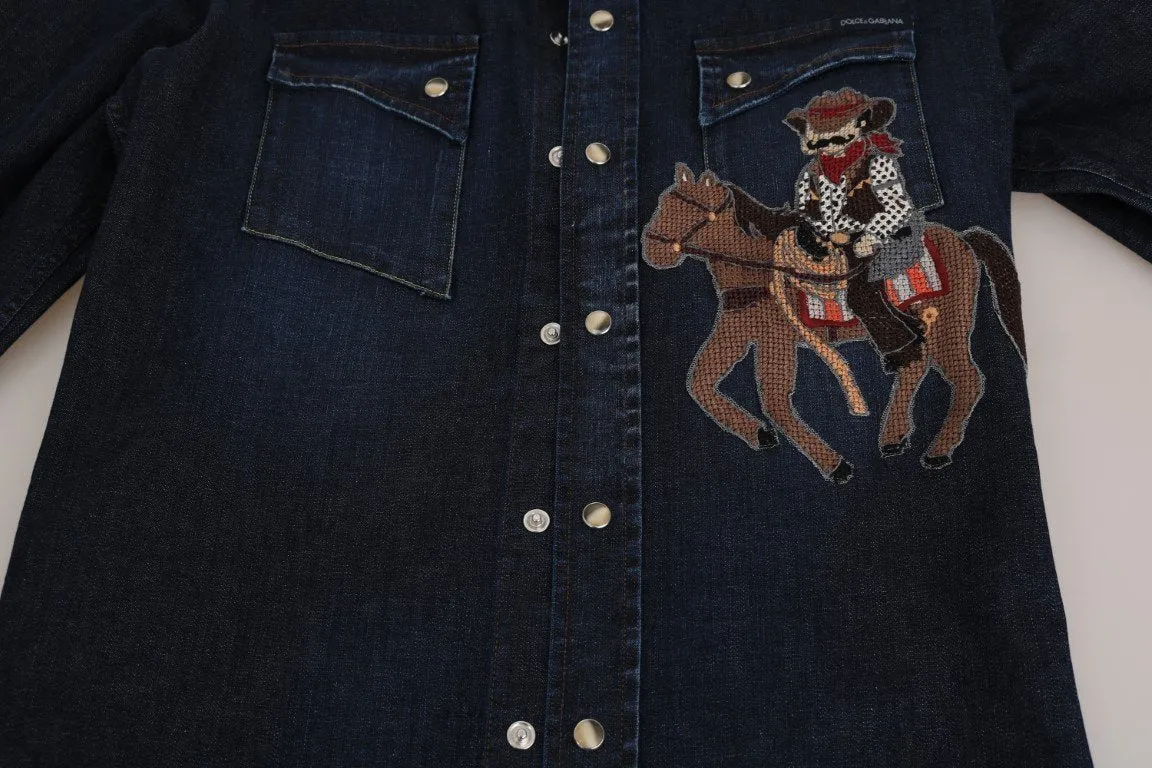 Blue Denim GOLD Slim Fit Horse Cowboy Shirt