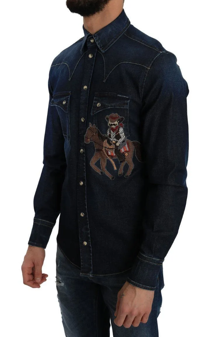Blue Denim GOLD Slim Fit Horse Cowboy Shirt