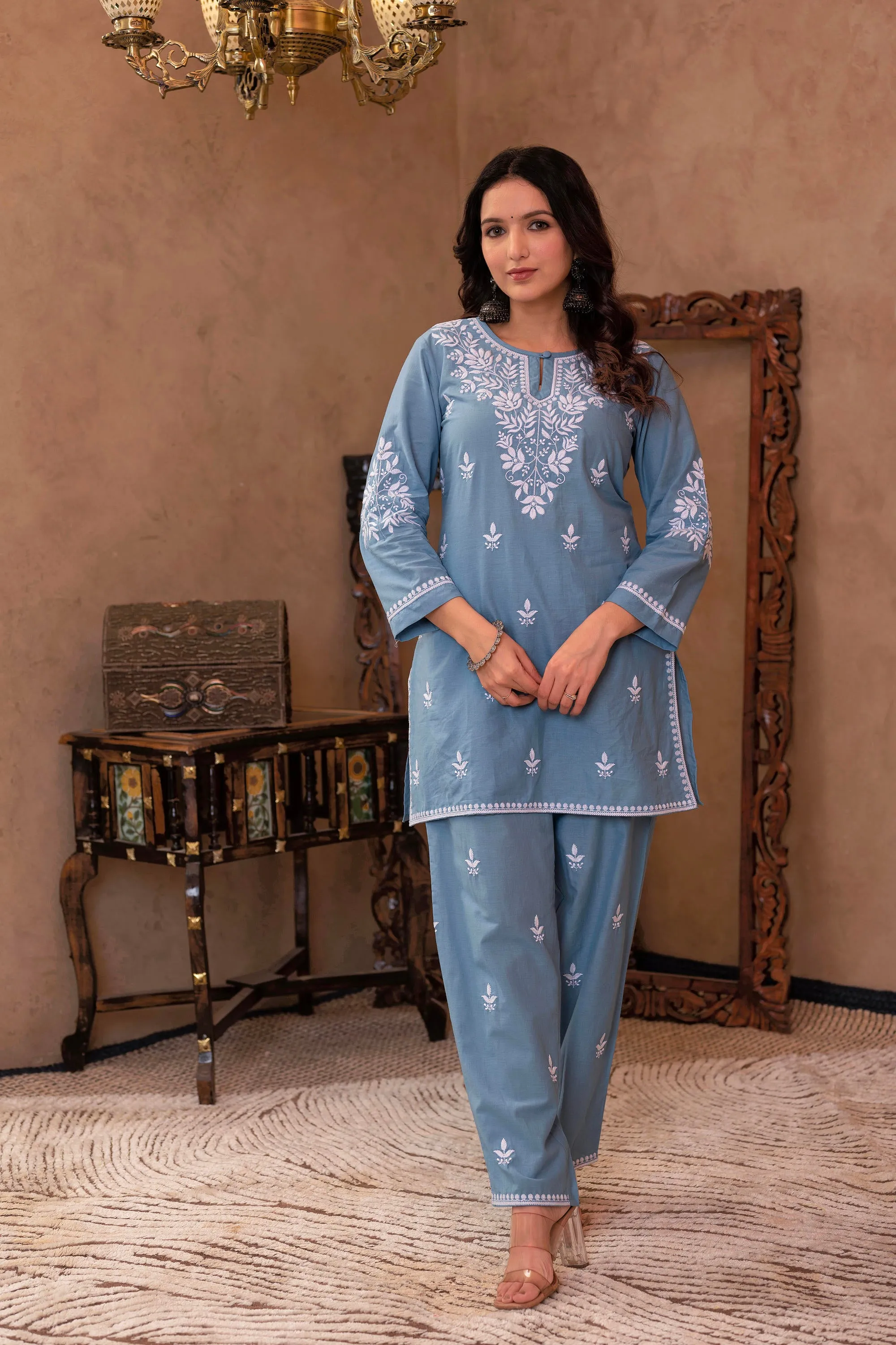 Blue Embroidered Cotton Slub Kurta with Pant & Button Details