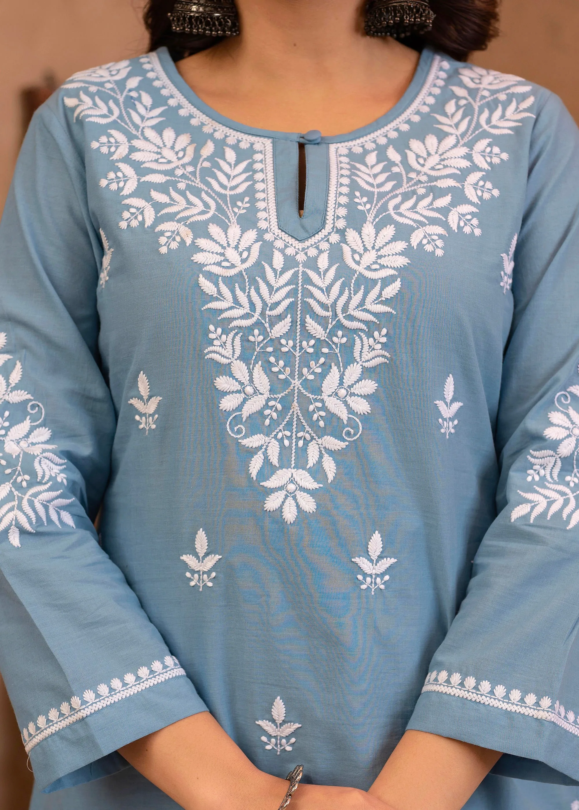 Blue Embroidered Cotton Slub Kurta with Pant & Button Details