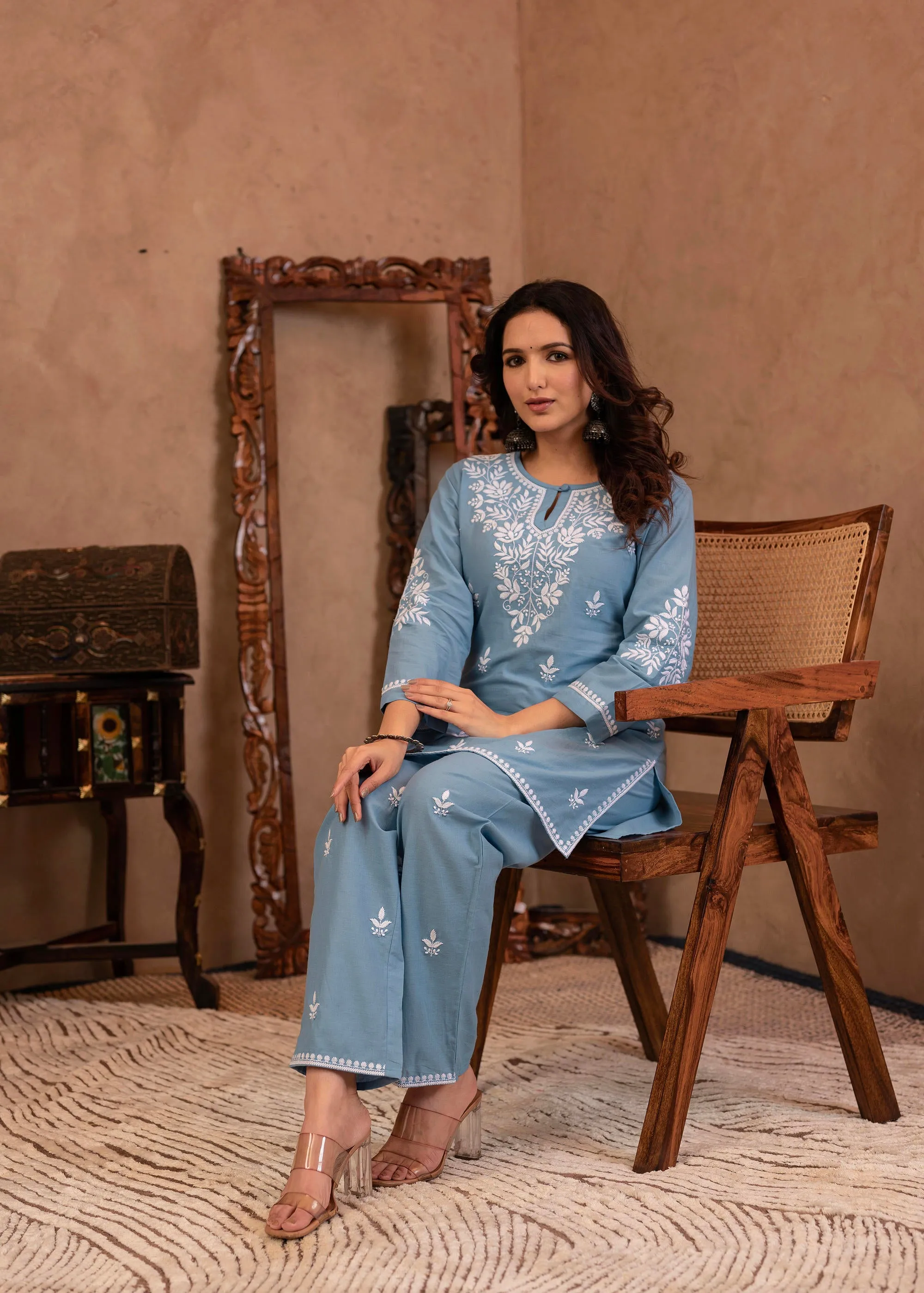 Blue Embroidered Cotton Slub Kurta with Pant & Button Details