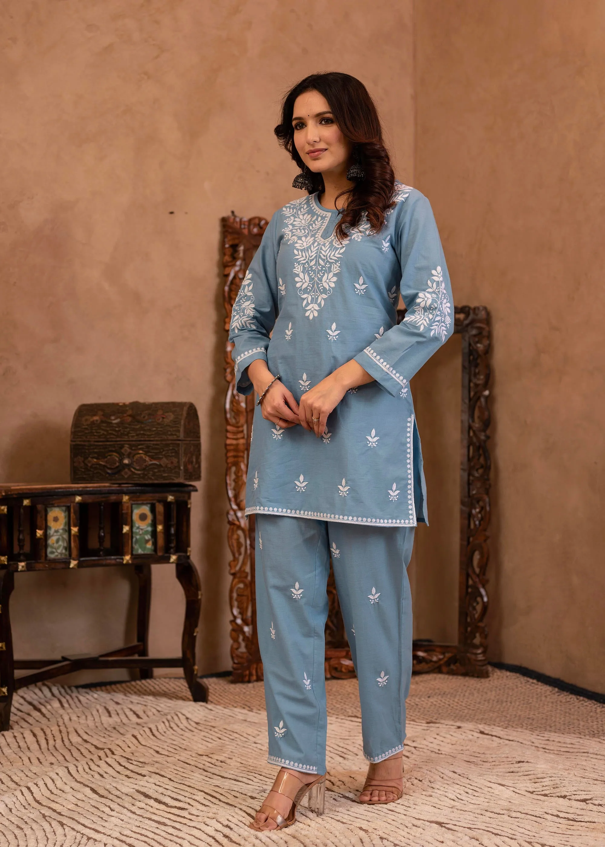 Blue Embroidered Cotton Slub Kurta with Pant & Button Details