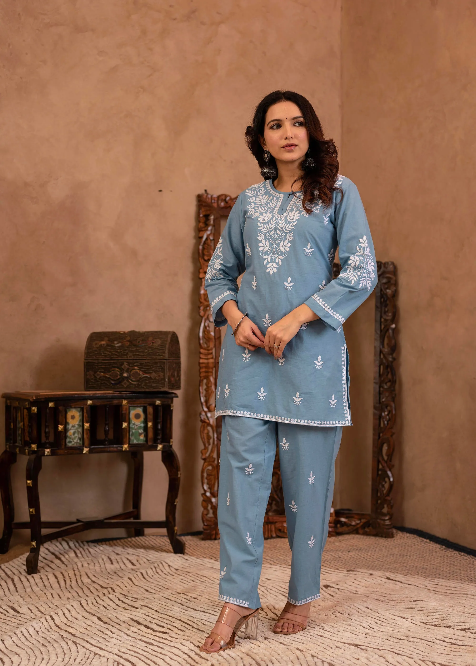 Blue Embroidered Cotton Slub Kurta with Pant & Button Details