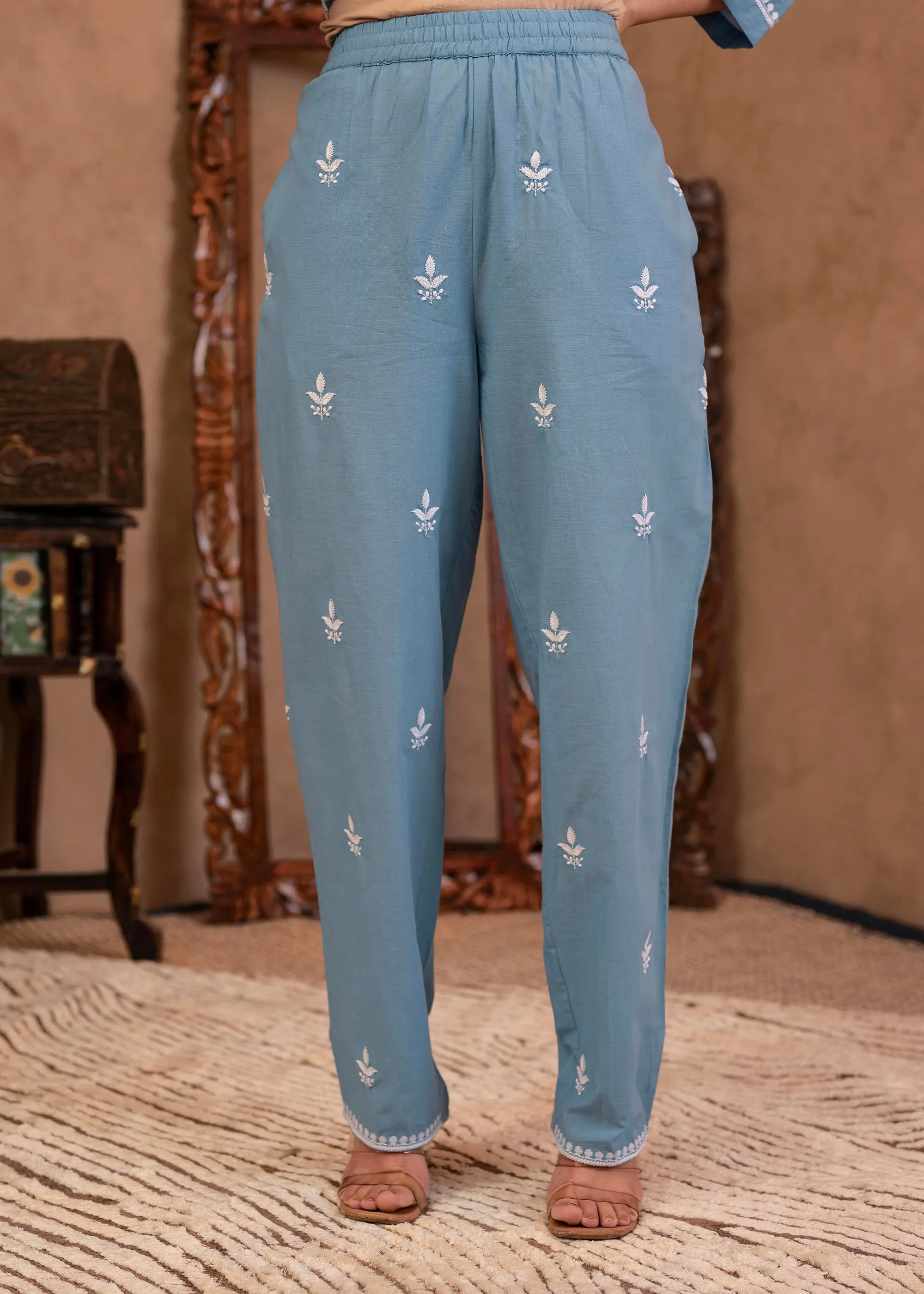 Blue Embroidered Cotton Slub Kurta with Pant & Button Details