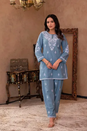 Blue Embroidered Cotton Slub Kurta with Pant & Button Details