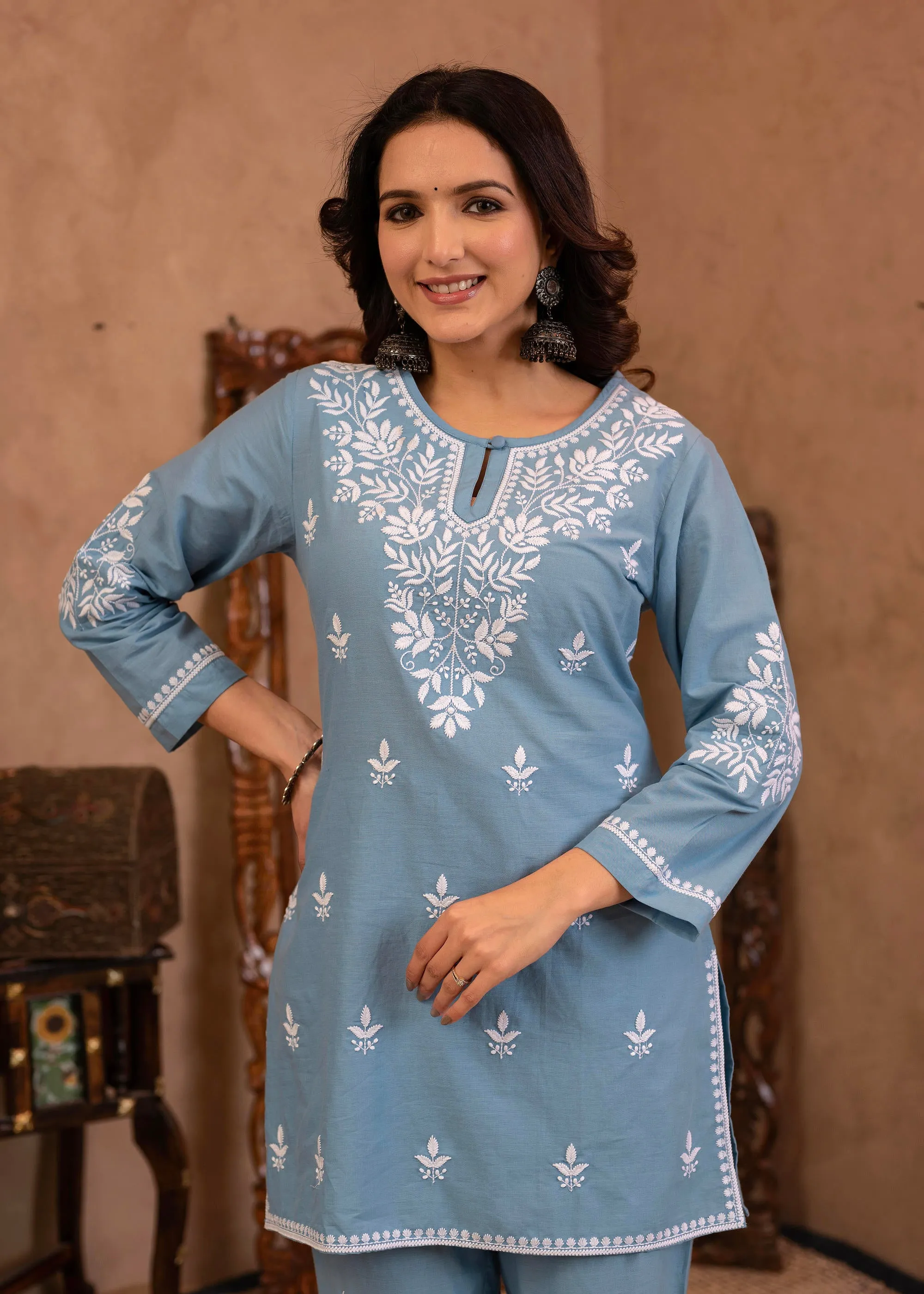 Blue Embroidered Cotton Slub Kurta with Pant & Button Details