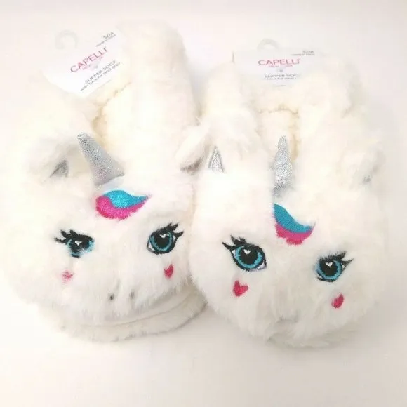 Brand new Girls Capelli of New York Unicorn Slipper socks, Sz m/l, fits shoe 13-5, sock size 7-8.5!