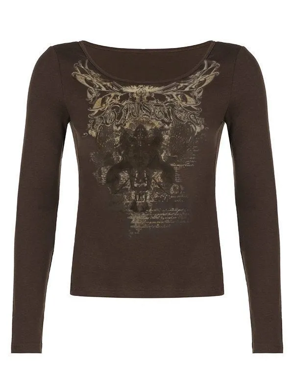 Braunes Gothic Punk Langarm Top mit Aufdruck