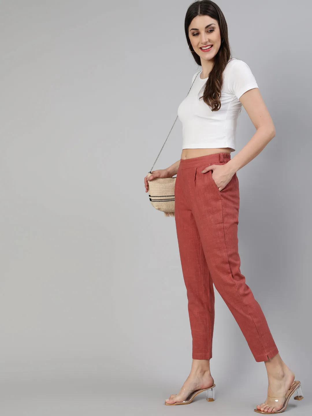 Brick Red Cotton Slub Straight Pants