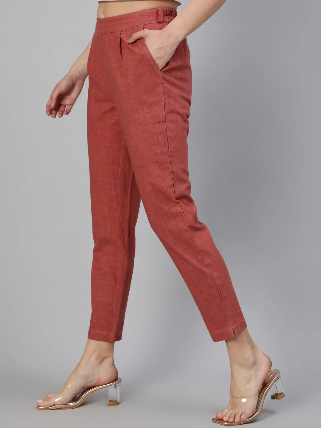 Brick Red Cotton Slub Straight Pants