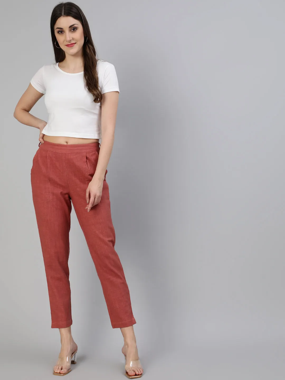 Brick Red Cotton Slub Straight Pants