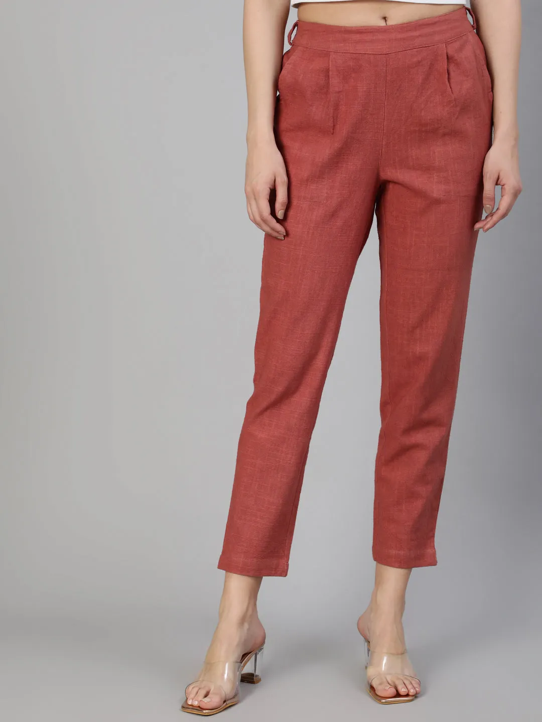Brick Red Cotton Slub Straight Pants