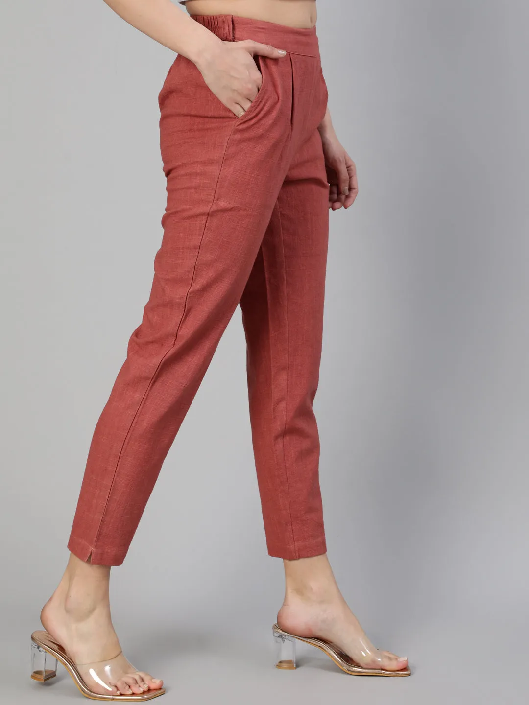 Brick Red Cotton Slub Straight Pants