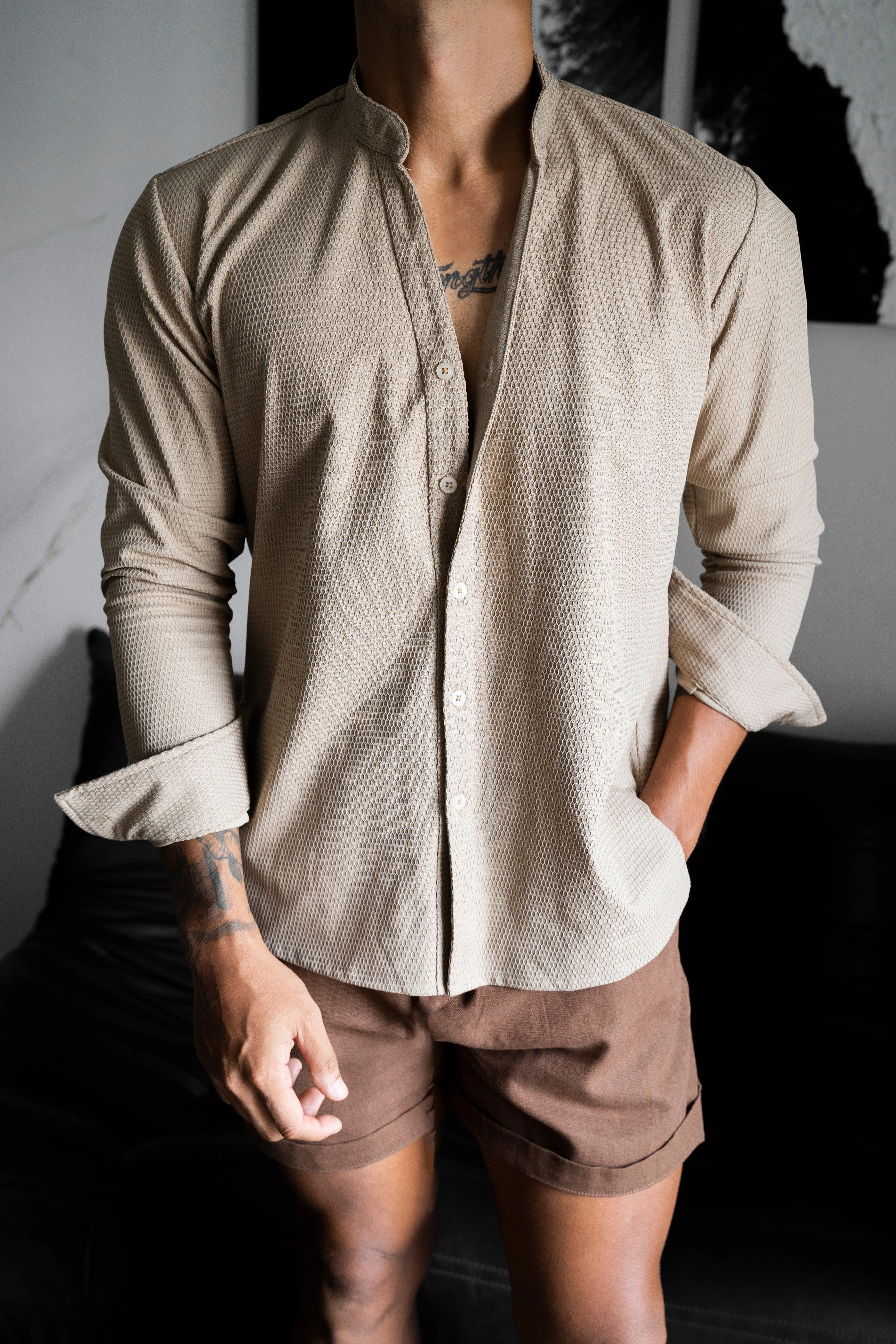 BROWN DAVID MANDARIN COLLAR SHIRT