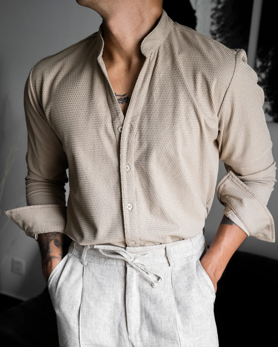 BROWN DAVID MANDARIN COLLAR SHIRT