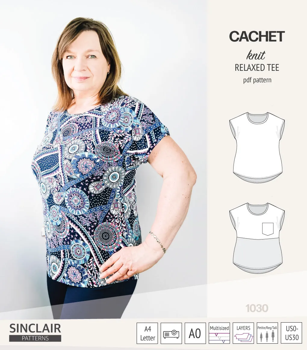 Cachet relaxed cut knit tee color blocked with a pocket  (PDF)