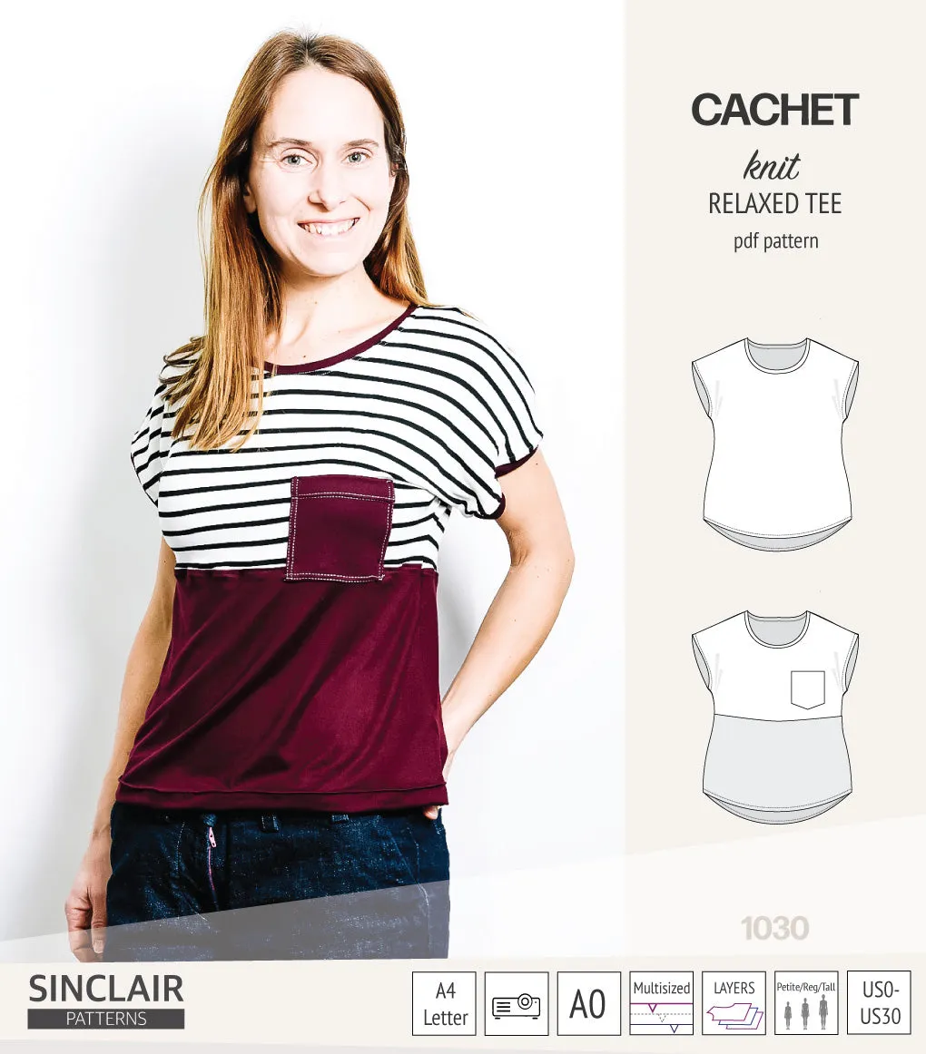 Cachet relaxed cut knit tee color blocked with a pocket  (PDF)