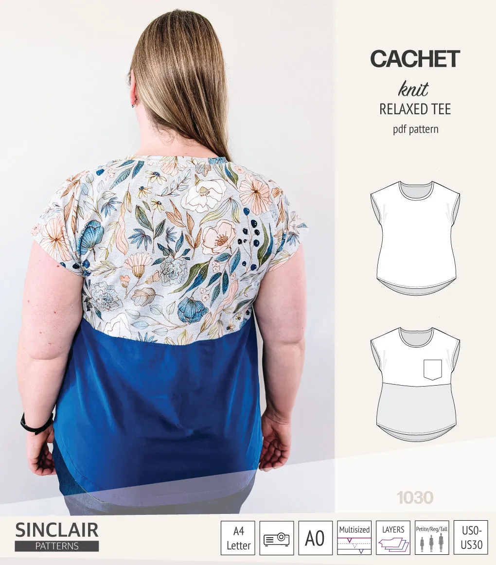 Cachet relaxed cut knit tee color blocked with a pocket  (PDF)