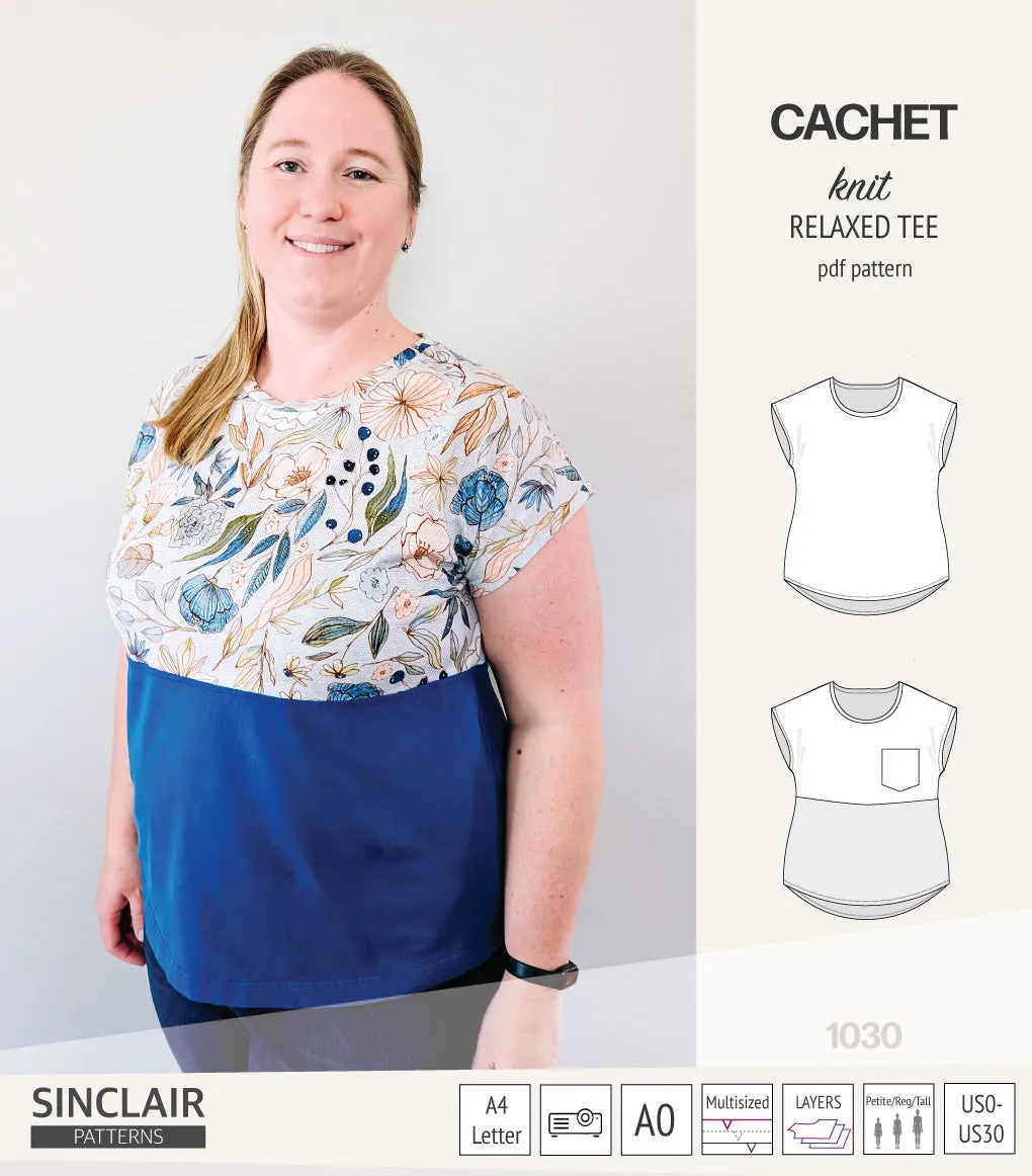 Cachet relaxed cut knit tee color blocked with a pocket  (PDF)