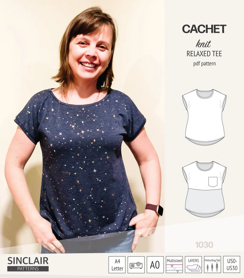 Cachet relaxed cut knit tee color blocked with a pocket  (PDF)