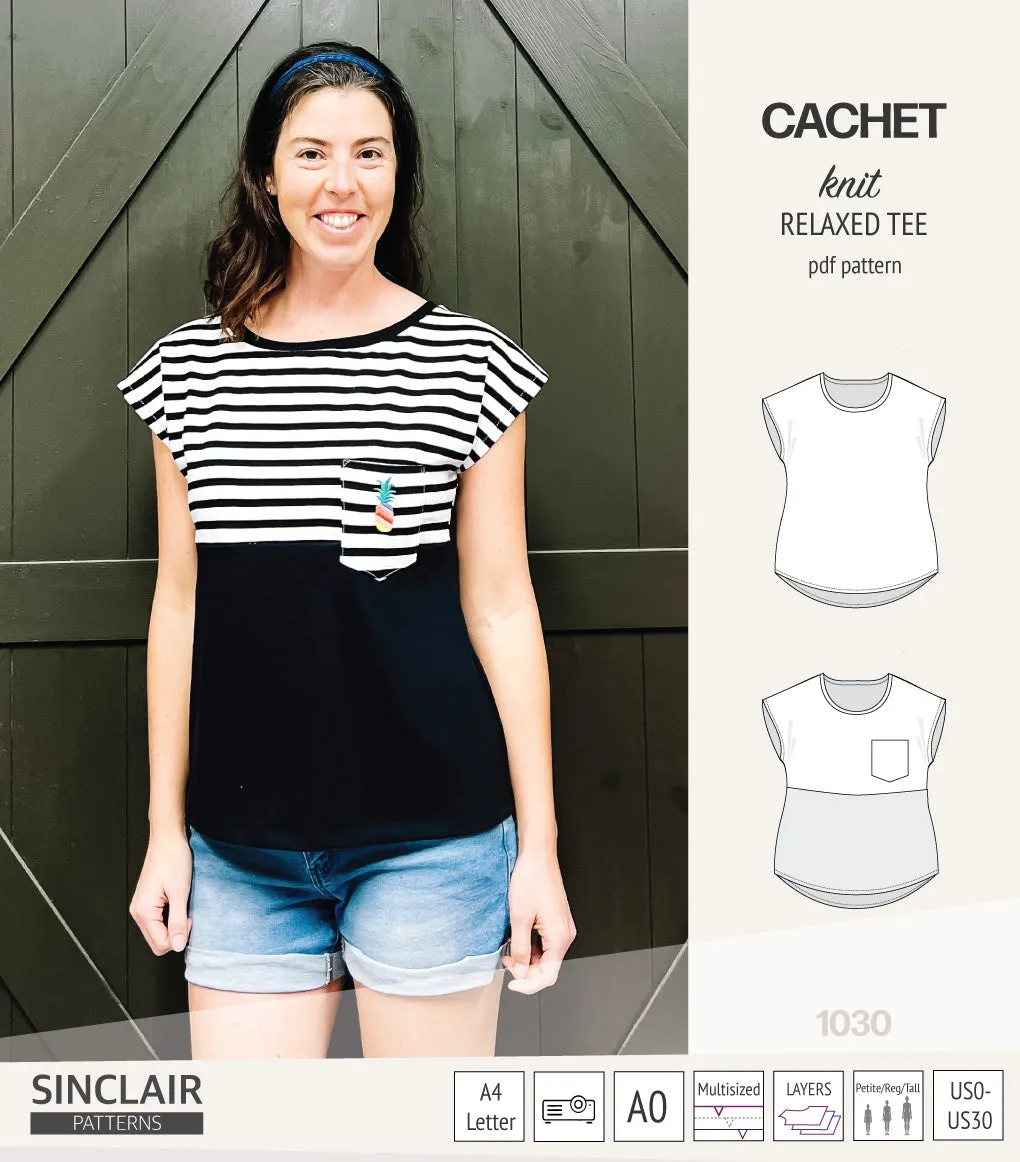 Cachet relaxed cut knit tee color blocked with a pocket  (PDF)