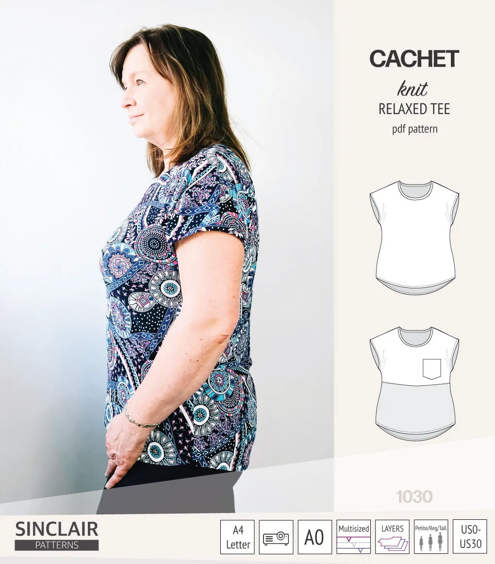 Cachet relaxed cut knit tee color blocked with a pocket  (PDF)