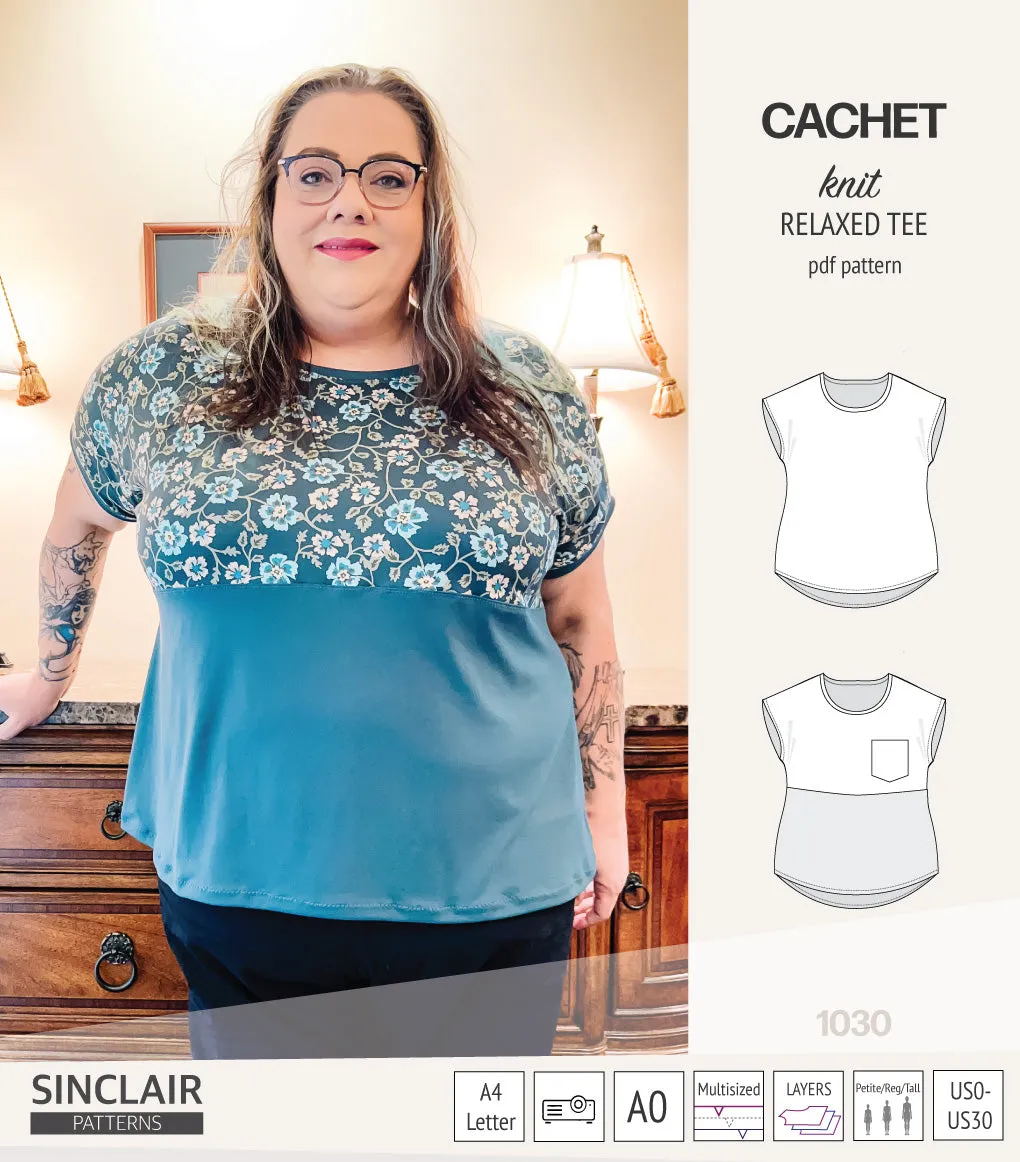 Cachet relaxed cut knit tee color blocked with a pocket  (PDF)