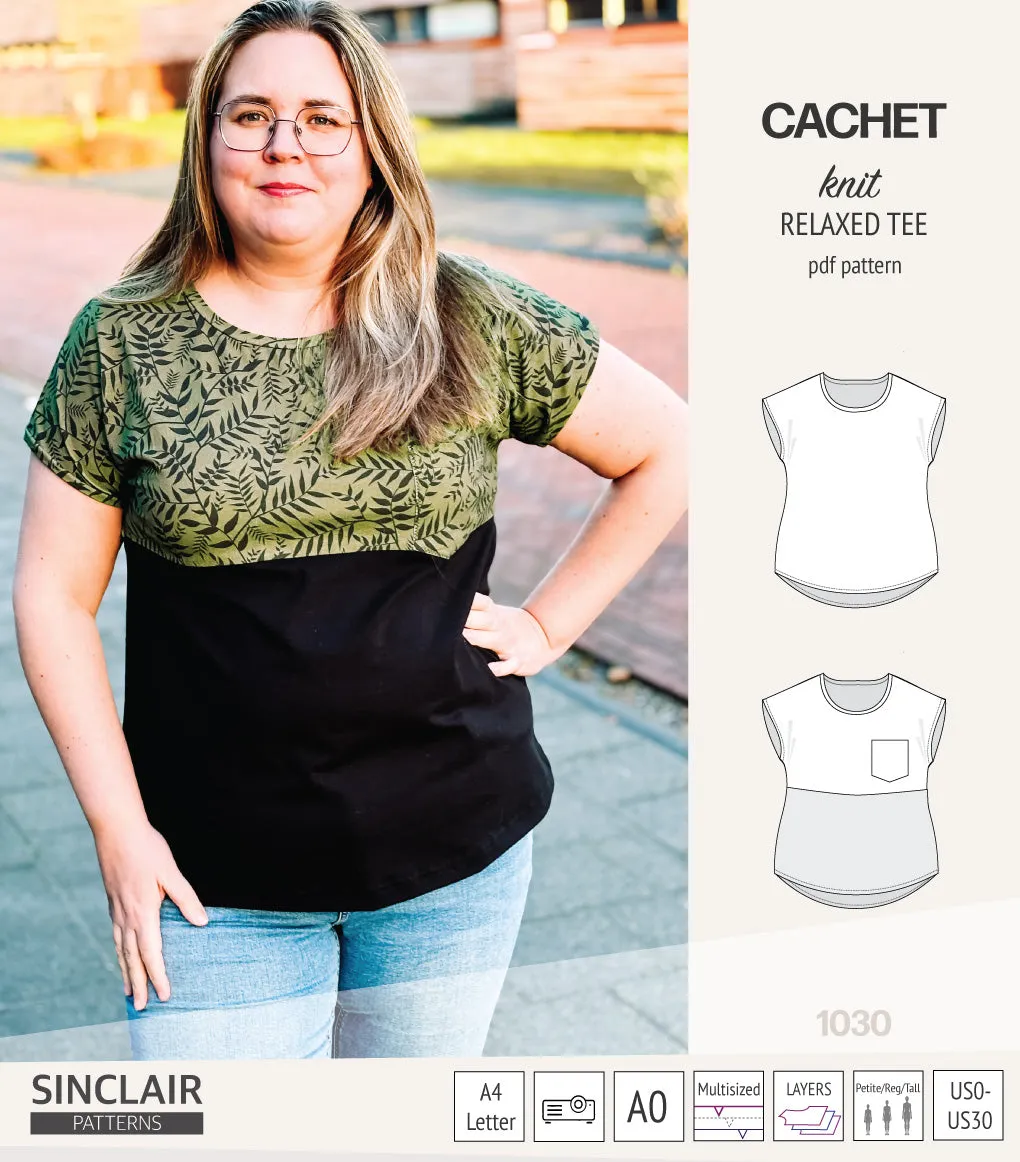 Cachet relaxed cut knit tee color blocked with a pocket  (PDF)