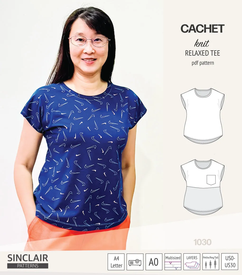 Cachet relaxed cut knit tee color blocked with a pocket  (PDF)