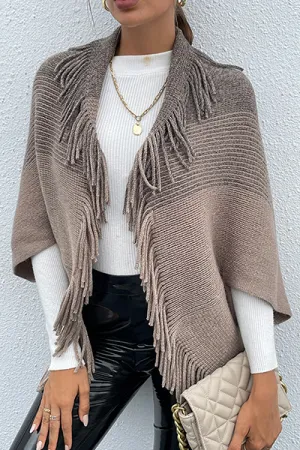 Casual Elegant Striped Tassel Split Joint Turndown Collar Tops Sweater