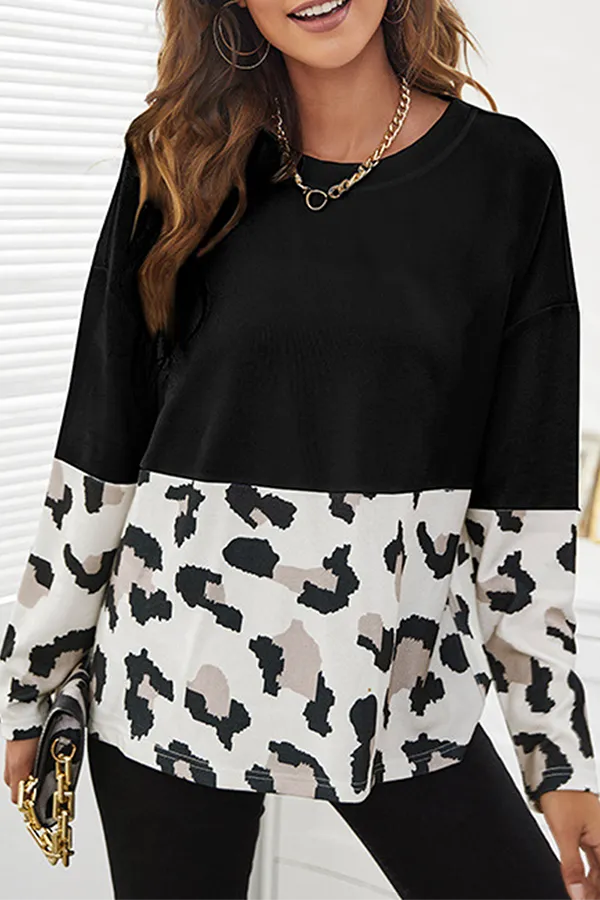 Casual Print Split Joint O Neck Tops