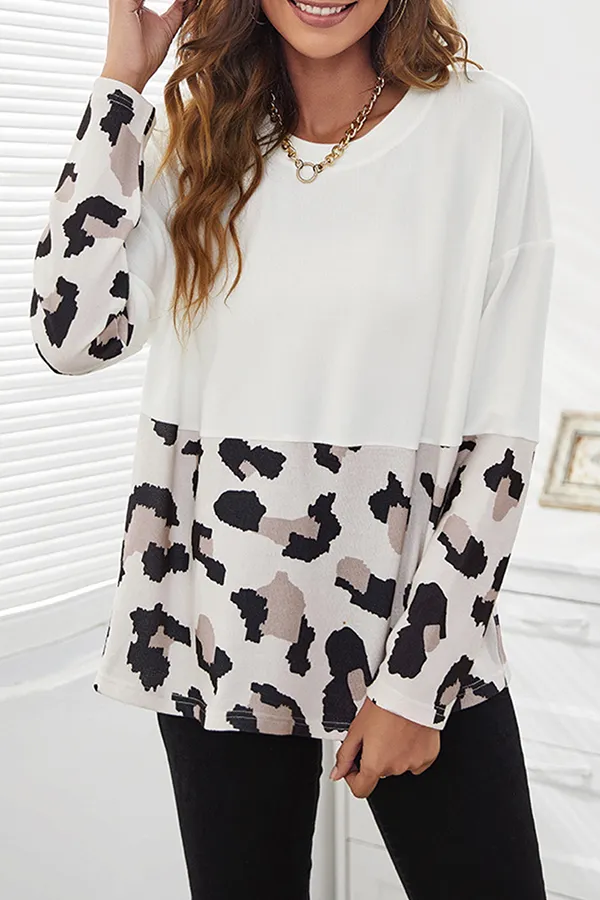 Casual Print Split Joint O Neck Tops
