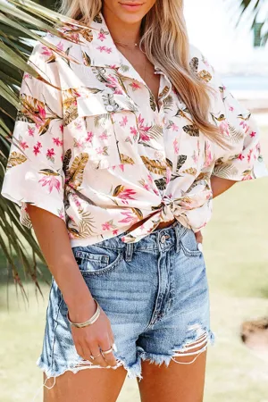 Casual Print Split Joint Turndown Collar Tops