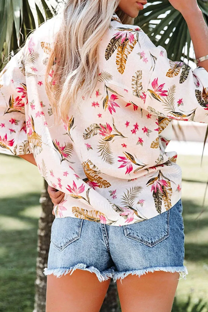 Casual Print Split Joint Turndown Collar Tops