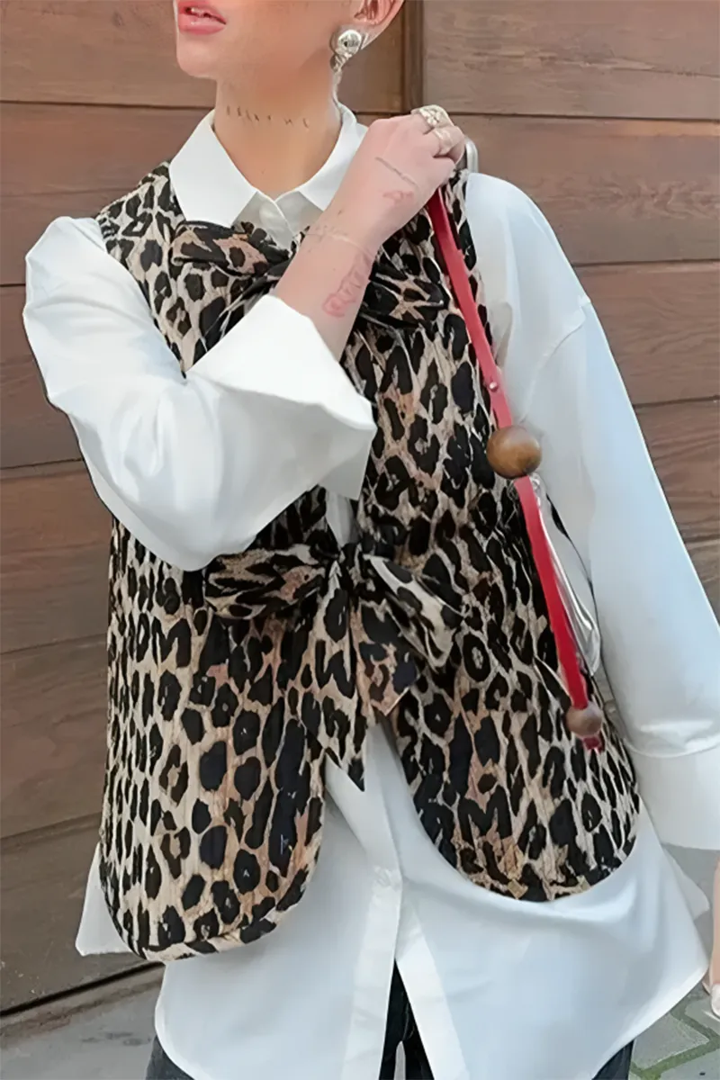 Casual Street Leopard Print Lace Up Patchwork O Neck Tops